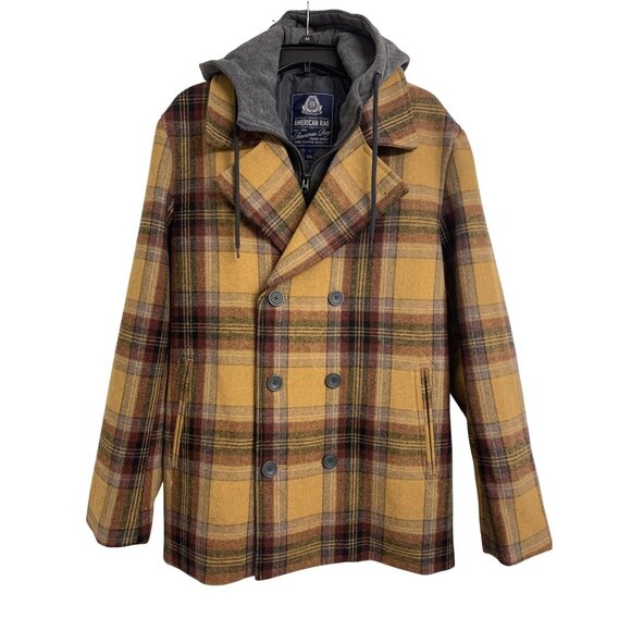 American Rag L Wool Plaid Hooded Double-Breasted Coat Rust & Gold - Picture 1 of 6